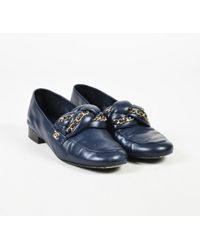 Chanel Navy Blue Leather Gold Tone Chain Link Loafer Flats