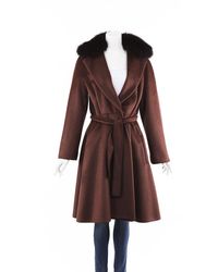 Max Mara Alpaca Fox Fur Belted Coat Brown/orange/animal Print Sz: L