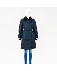 Max Mara Blue & Brown Nylon & Fur Belted Coat