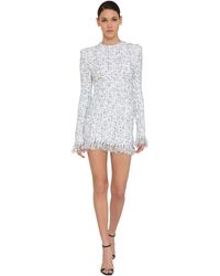 Balmain Robe En Tweed De Lurex À Franges - Bleu