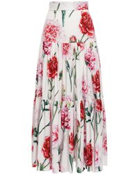Dolce & Gabbana Carnation Print Cotton Poplin Midi Skirt - Red
