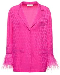 Valentino - Logo Jacquard Silk Shirt W/Feathers - Lyst