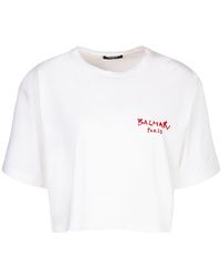Balmain - T-shirt Cropped In Jersey Di Cotone Con Logo - Lyst