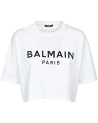 Balmain - Logo Print Cropped Cotton Jersey T-Shirt - Lyst