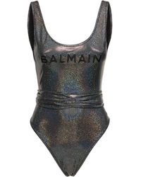 Balmain - Iridescent Logo Print Belted Swimsuit - Lyst