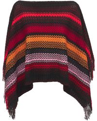 Missoni Knit Wool Striped Fringed Poncho - Red