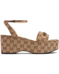 Gucci - 75Mm Horsebit Canvas Flatform Sandals - Lyst