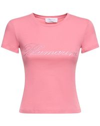 Blumarine - T-shirt Aus Baumwolljersey Mit Kristalllogo - Lyst