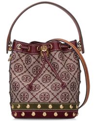 Tory Burch Suede T Monogram Studded Bucket Bag in Claret Womens Bags Bucket bags and bucket purses Brown 