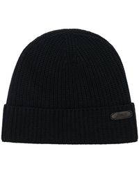 Brioni Logo Leather Tag Wool Beanie Hat - Black