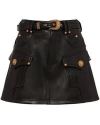 Balmain - Trapeze Belted Leather Mini Skirt - Lyst