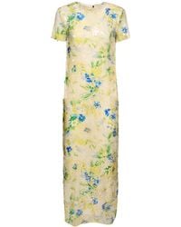 MSGM - Sequined Flowers Short Sleeve Long Dress - Lyst
