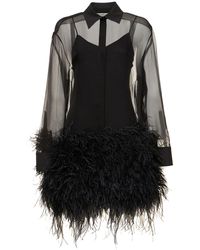 Valentino - Silk Chiffon Mini Shirt Dress W/feathers - Lyst