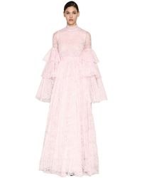 Giambattista Valli Long Ruffled Chantilly Lace Dress - Pink