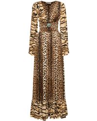 Roberto Cavalli - Jaguar Print Satin Long Dress - Lyst