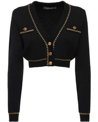 Versace - Cardigan cropped in lana check - Lyst