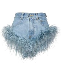 Area Cotton Denim Hot Trousers W/ Feathers - Blue