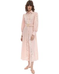 Zimmermann Abito Midi In Lino Con Ricami - Rosa