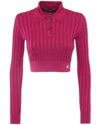 Dolce & Gabbana - Silk Rib Knit Polo Crop Sweater - Lyst
