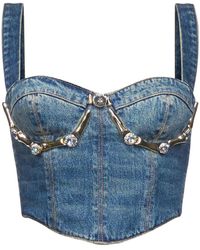 Area - Embellished Claw Cup Denim Bustier - Lyst