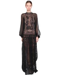 Alberta Ferretti Long Silk Chiffon & Lace Dress - Black
