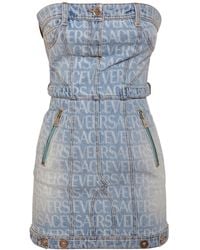 Versace - Logo Printed Denim Mini Dress - Lyst
