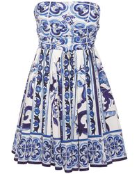 Dolce & Gabbana Printed Poplin Strapless Mini Dress - Blue
