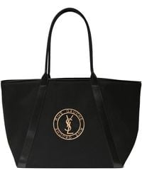 Saint Laurent - Leather-trimmed Logo-embroidered Cotton-gabardine Tote Bag - Lyst