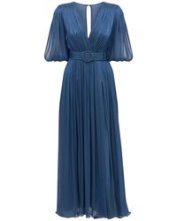 Costarellos Brennie Belted Metallic Plissé-georgette Maxi Dress in Blue ...