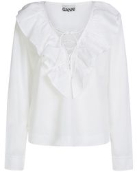 Ganni - Ruffled Cotton Poplin V-Neck Shirt - Lyst