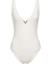Valentino - Lycra V-neck Logo One Piece Swimsuit - Lyst