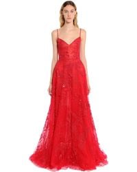Zuhair Murad Robe En Tulle Avec Perles Motif Floral - Rouge