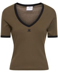 Courreges - T-shirt en coton à col en v contrastant - Lyst