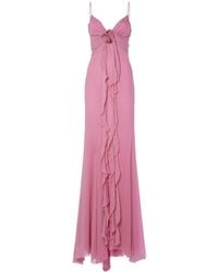 Blumarine - Ruffled Silk Long Dress W/Rose - Lyst