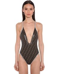 Fendi Costume Intero In Lycra Monogram - Marrone