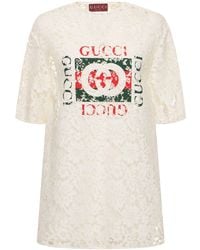 Gucci - Top di pizzo floreale in misto cotone con stampa - Lyst