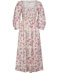 Ganni - Smocked Printed Cotton Long Dress - Lyst