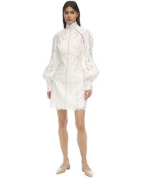 Zimmermann Abito In Popeline Di Lino Con Pizzo - Bianco