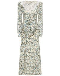 Alessandra Rich - Printed Draped Silk Long Dress W/ Lace - Lyst