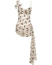 Alessandra Rich - Print Draped Silk Twill Mini Dress W/bow - Lyst