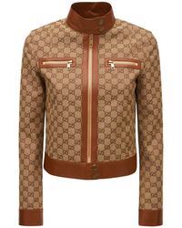 Gucci Cotton Blend Logo Jacket W/ Leather Trim - Brown