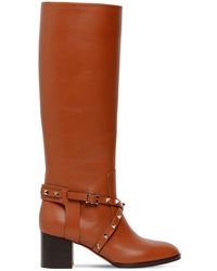 Valentino 60mm Rockstud Tall Leather Boots - Brown