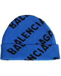 Balenciaga Cappello Beanie In Misto Lana Con Logo - Blu