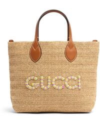 Gucci - Small Raffia Tote Bag W/ Logo - Lyst