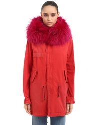 Mr & Mrs Italy Midi Saline Cotton Canvas Parka W/ Fur - Red
