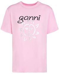 Ganni - Pink, White And Black Cotton T-shirt - Lyst