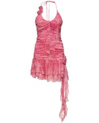 Blumarine - Ruched Rose Printed Viscose Mini Dress - Lyst