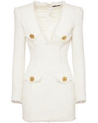Balmain - Logo Button Tweed Dress Abiti Bianco - Lyst