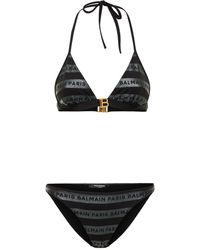 Balmain - Bikini triangle à rayures pailletées et logo - Lyst