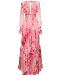 Roberto Cavalli - Printed Silk Chiffon Crepon Long Dress - Lyst
